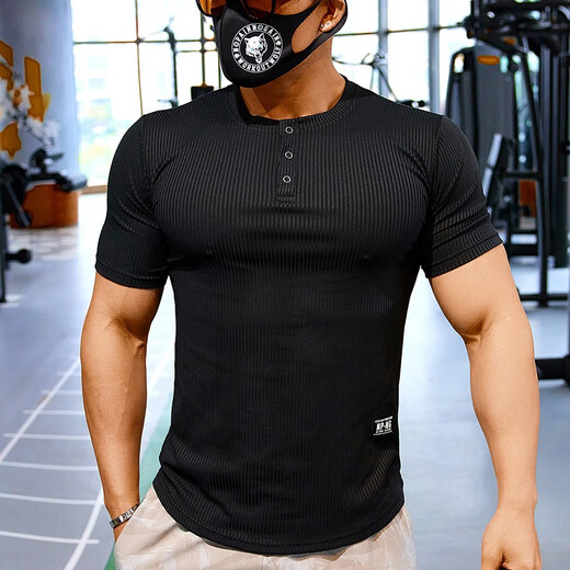 Lutielang sports tights short-sleeved round neck T-shirt quick-drying elastic training fitness clothes coach work clothes gray L