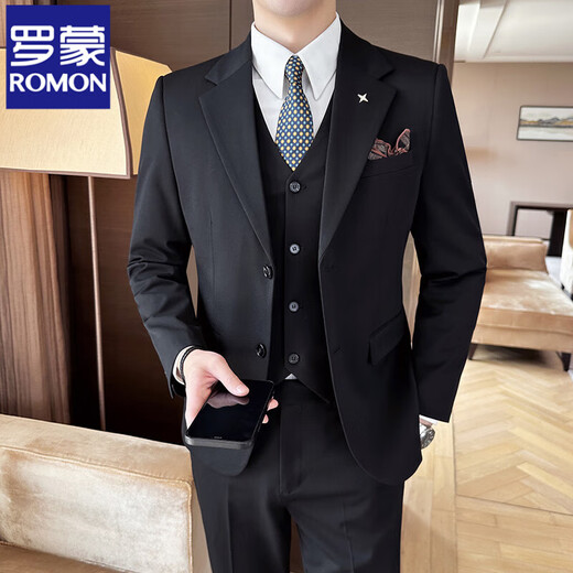 ROMON high-end suit suit men's slim large size suit business professional formal dress groom and best man wedding dress black suit + vest + trousers M