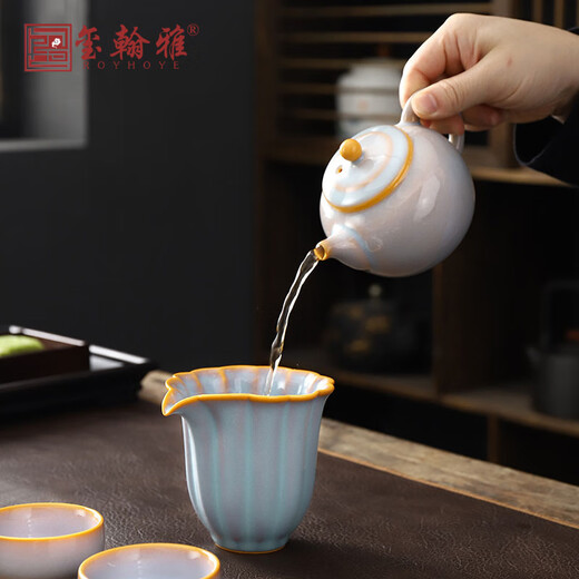 ROYHOYE Ruby Lin Master Ru Kiln Tea Set Home Fully Handmade Retro Office Tea Set Tea Maker Business Gift Ruby Lin-Guyun Qiuxia Covered Bowl Tea Set 8 Pieces