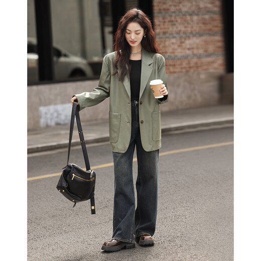 Demana [Grey Green Pu Leather Suit Jacket] Spring and Autumn New Lazy and Easy Style Cool Girl Jacket Women