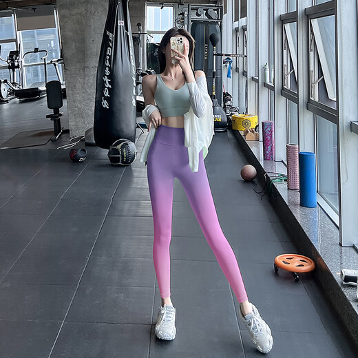 KEJIMITAO European and American abdominal tightening fitness pants for women, high-waisted peach butt lift sports running trousers, training tight elastic yoga pants, gradient purple (ready in stock) L (recommended 119-140 Jin Jin is equal to about 0.5 kg)