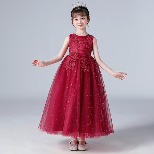 Dev Ake Children's Robe Girl Princess Jirt Host Host Deay Performance Performance Performance Night Robe Petit Girl Wedding Summer Big Boy Bx683 Bourgogne sans manches longues (recommandée 85-100jin [Jin est égal à 0,5 kg]))