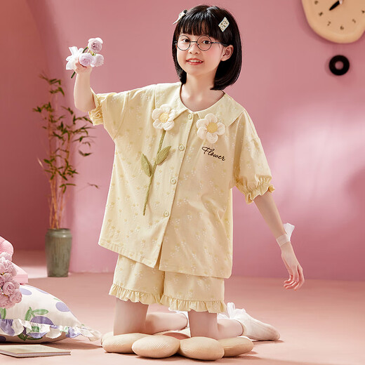曼妮朵女童睡衣夏季纯棉小女孩新款儿童家居服宝宝开衫短袖短裤套装薄款 B4877绿【双短】 100cm 8码建议100-105cm