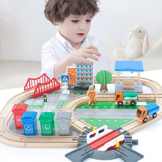 Little Wooden Track Train Toys Детские строительные сборочные блоки высокоскоростных железнодорожных электрических поездов 3-6-летние подарки на день рождения мальчика 139 кусочков экологически чистых дорожек [в коробках + дерево бука]]