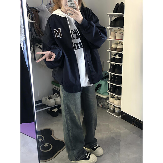 7家优品飞行员夹克男士春秋季新款美式复古高街潮牌宽松棒球服加绒外套男 TMZXF-W694黑色 3XL