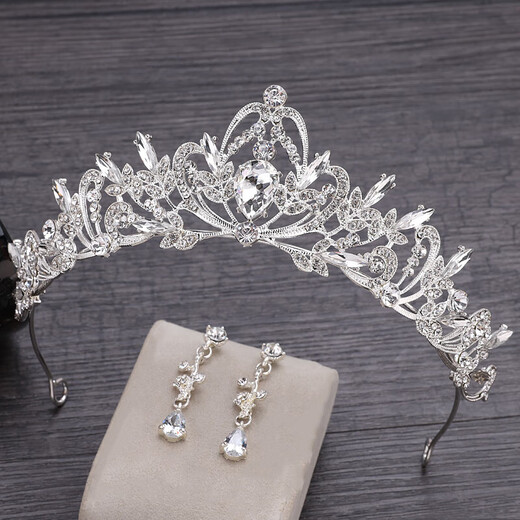 Shijun (SHIJUN) birthday princess crown tiara for adults Korean wedding dress bride wedding crown three-piece set forest style super fairy wedding hair silver necklace + earrings ear clip gift box