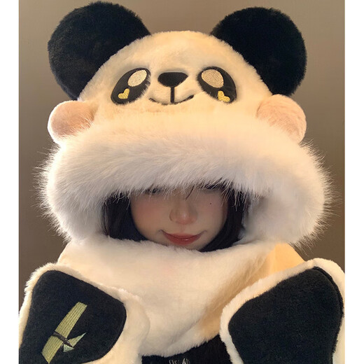 SOMUBAY Panda Plush Hat Scarf All-in-One Women's Winter Cycling Cute Thickened Warm Scarf Gloves New Year's Gift for Women Panda Three-piece Set One-size-fits-all Quality (Gift Bags Need to Contact Customer Service)