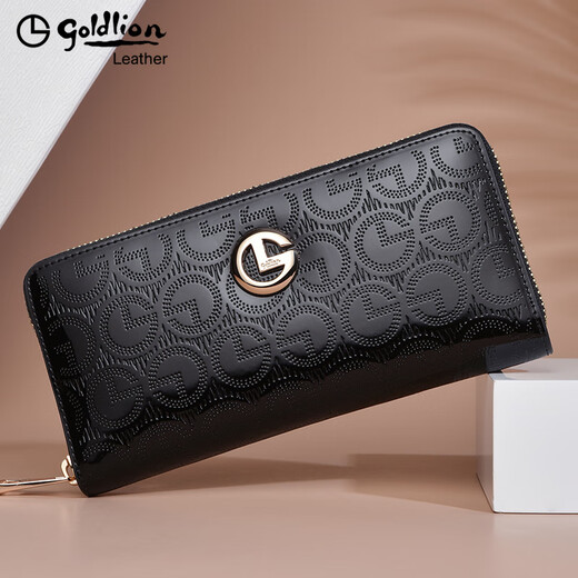 Goldlion handbag women's long wallet fashion glossy leather wallet multi-functional women's zipper cowhide clutch mother bag black exquisite gift box