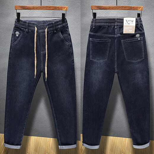 梦园朵夏季牛仔裤男士松紧腰高弹力宽松版型休闲裤男韩版潮流小脚裤长裤 常规 3886黑色 28  90-105