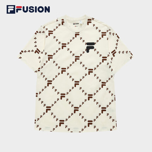 FILA FUSION trendy couple short-sleeved T-shirt in summer loose casual presbyopia full print round neck men and women top antique white-IV XL (180)