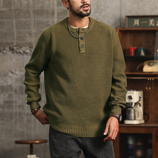Hou Teng American Henry Collar Sweater Men's Autumn and Winter 2025 New Trendy Brand Casual Sweater Men's Wool Clothing Men's Wear Tuhao Green 2XL (160-180Jin Jin is equal to 0.5 kg)