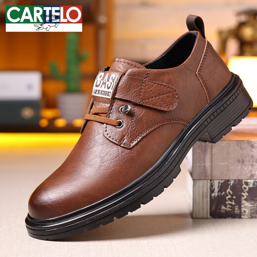 卡帝乐鳄鱼（CARTELO）男鞋2025秋冬新款男士真皮休闲商务软底加棉皮鞋男增高底帮工装鞋 9909黑色加绒款 38
