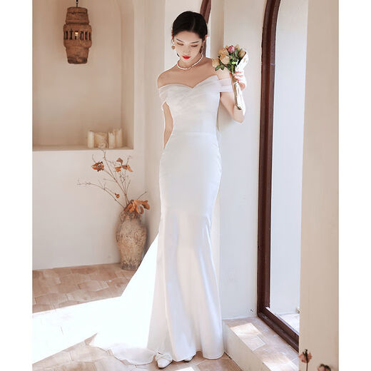 ZHIDOUDOU鱼尾婚纱 小个子法式晚礼服轻婚纱领证一字肩连衣裙高端宴会 白色 XS