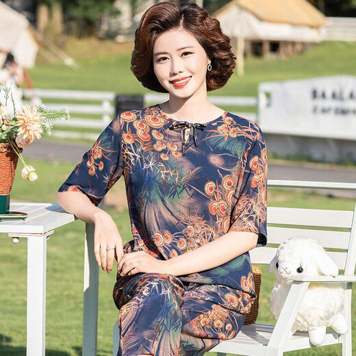 安梦影棉绸中老年女装中袖棉绸套装大码中老年夏季衣服女时尚妈妈装两件 橄榄绿 9226 均码 l 85-105斤