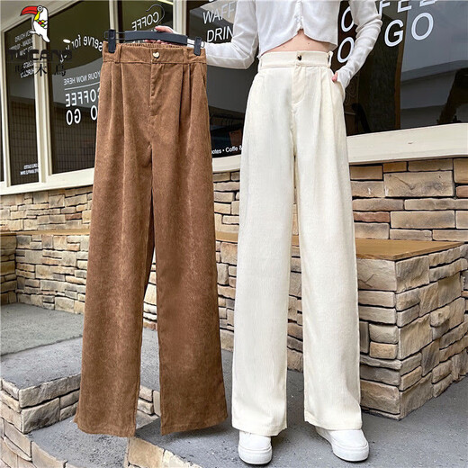 Woodpecker corduroy wide-leg pants for women in spring and autumn high-waist loose strip fleece straight trousers autumn and winter plus velvet thickened pants trendy regular 1049# brown [model] 2XL [recommended 133-150Jin [Jin equals 0.5 kg]]