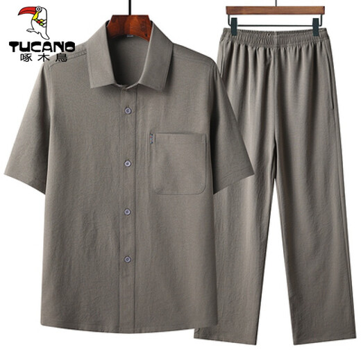 
Woodpecker Tang suit male dad summer short-sleeved shirt middle-aged and elderly Tang suit male Chinese style 60-70 years old grandfather summer suit elderly clothes dark gray short-sleeved (suit) 39/165