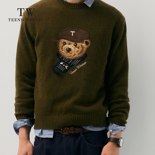 Teenie Weenie Men小熊男装简约圆领针织衫秋冬休闲保暖套头毛衣 军绿色 XL 180