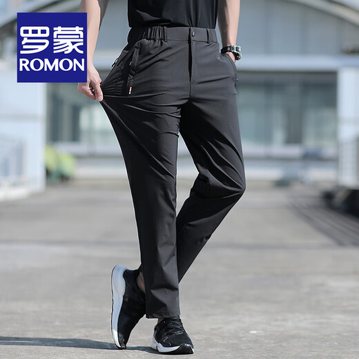罗蒙（ROMON）冰丝休闲裤男士夏季薄款宽松大码运动中年爸爸弹力直筒速干裤子男 夏季款-藏青 2XL 码