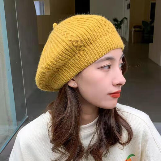 Bijinger beret autumn and winter new Japanese knitted women's spring and autumn casual Korean style Western-style octagonal hat retro milky white-wool beret solid color M (56-58cm)