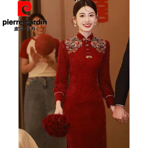 Pierre Cardin Official Burgundy Cheongsam Toast Wear Bride Wedding Chinese New Engagement Dress Back Door Dress Autumn Long Sleeve Burgundy Long Sleeve L