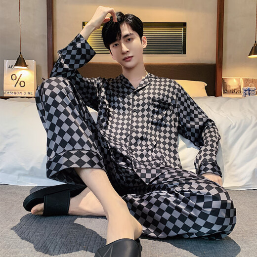 雅鹿冰丝睡衣男春秋款男士夏季2025新款时尚长袖长裤套装高级感家居服 6627灰粽 L