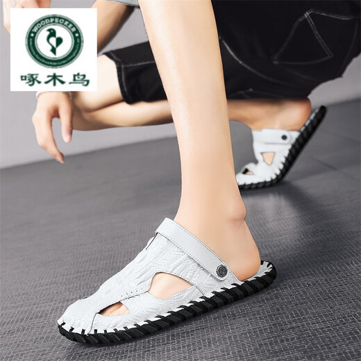 
Woodpecker 2024 summer genuine leather men's bag-toe soft-soled sandals wearing outdoor driving beach business high-end casual sandals M9855 black 38