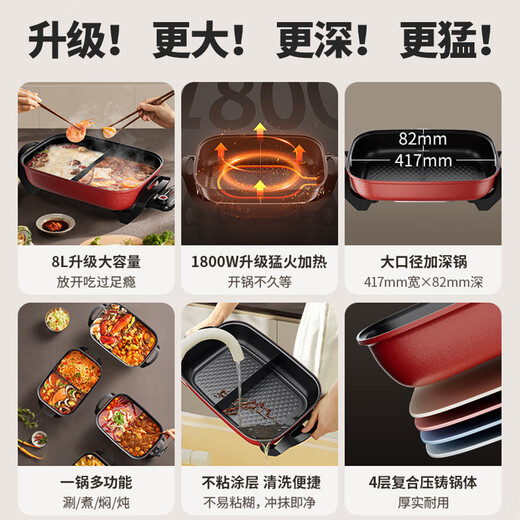 Joyoung Grilled Fish Pot Grilled Shabu-Shake-in-One Two-Purpose Pot Electric Hot Pot Special Pot Rectangular Grilled Fish Stove Electric Grilled Pot Paper Packed Fish Multi-Purpose Pot Grilled Pot 8L Duck Pot HG80-G7B