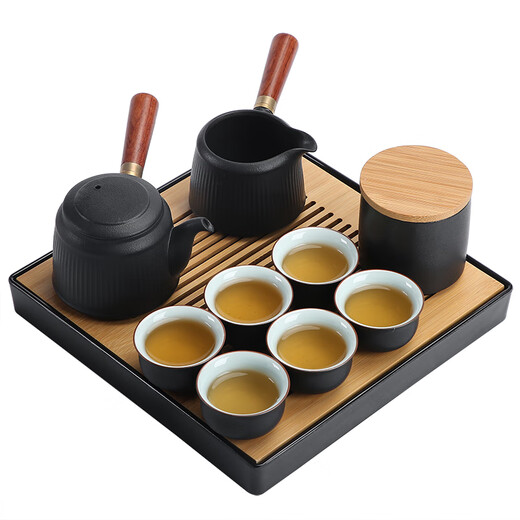 SUSHI CERAMICS Kung Fu tea set solid wood handle side handle teapot Japanese bamboo surface water storage tea tray high-end gift box J0400