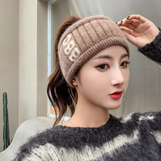 Missing-top woolen hat for women, empty-top hat for women, which can be tied with a ponytail in winter, headscarf hat with velvet cover for autumn and winter, knitted wool headband, headband, beige (hairband style), elastic pullover, leaking ponytail