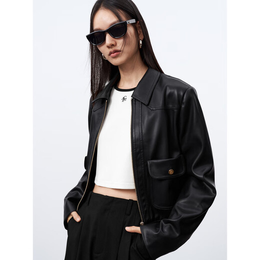 Friedensfrau Frauen Kurzjacke PU Leder Jacke für Frauen Maillard Herbst Mode High-End-Lappel Black 1 m