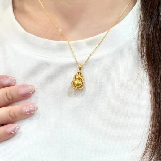 Holy glass gold necklace 18K women's ancient gold Chopin chain 3D hard gold double-sided Fulu turning point diamond gourd pendant Chopin chain + gourd pendant