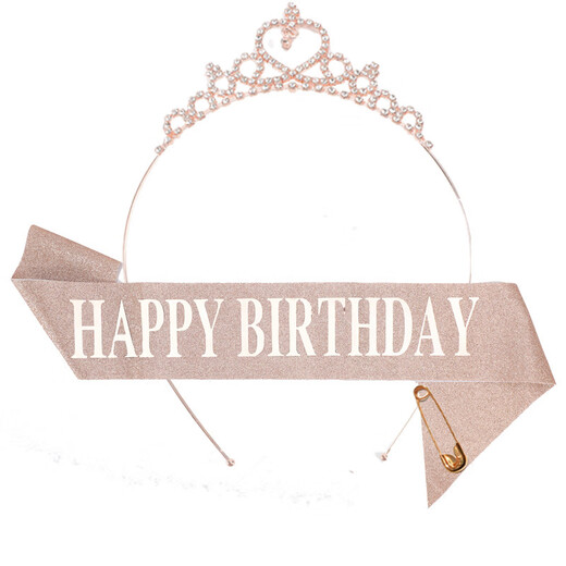 Dai Yan Pink Happy Birthday Shoulder Strap Crown Little Princess Coming of Age Ceremony Headband High-end Photo Wedding Ceremony with Sparkling Diamond Crown + Symphony Shoulder Strap