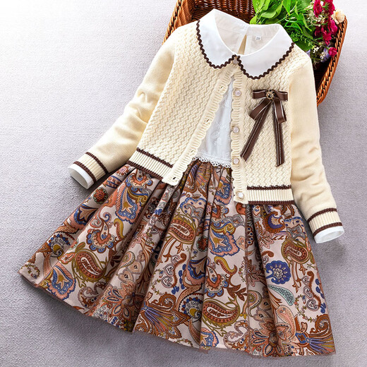 Little Bear Elf (xiaoxiongjingling) Girls Fashion Sweater Dress Autumn and Winter Children's Fashionable Princess Dress Medium and Big Children Suit Skirt Little Girls Knitted Burgundy No Velvet (Sweater Cardigan Dress Corsage) Size 150 (Recommended Height 140-150 cm)