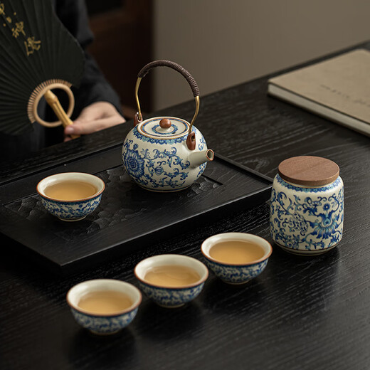 Ahli's Love Ru Kiln Kung Fu Tea Set Complete Set Souvenirs Business Gifts Father's Birthday Gifts for Men for Dad and Teacher Blue and White Lucky Twigs and Lift Pots High-end Gift Boxes Practical Housewarming Gifts for Elders and Retirement Souvenirs