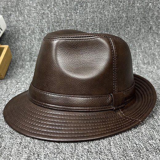 Lee dprre fashion retro jazz hat British style men's new genuine leather hat middle-aged and elderly high-end large-brimmed cowhide hat black 60cm