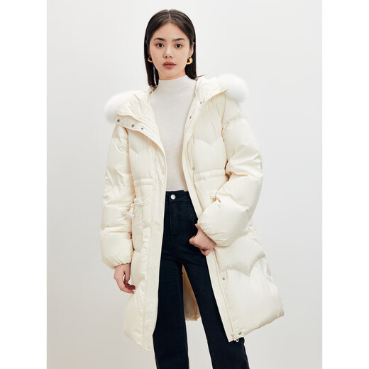 PEACEBIRD Women's Fox Fur Collar Mid-Length Down Jacket Women's Soft Hooded Warm Horn Button Jacket Off-White S
