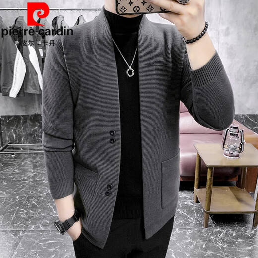 Pierre Cardin Brand Wool Cardigan Men's Trendy Slim Jacket 2025 Spring and Autumn Thickened Men's Knitted Sweater Cardigan Sweater Jacket Dark Gray 2XL