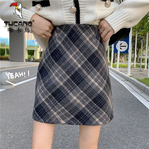 Woodpecker 2024 new autumn and winter woolen skirt college style retro high-waisted plaid skirt plaid hip-covering A-line skirt temperament brown elastic waist / inner trousers L recommended 105-120 Jin Jin equals 0.5 kg