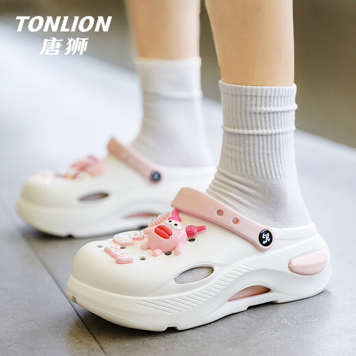 唐狮（TonLion）洞洞鞋女鞋夏季软底凉鞋女士厚底外穿踩屎感沙滩鞋 白色 37/38