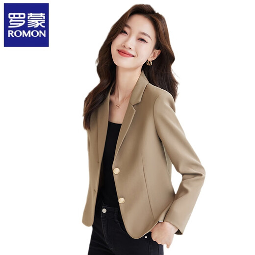 ROMON coffee color short small suit jacket for women spring and autumn 2025 new style ladies casual small suit top off-white L recommended 105-115 Jin Jin equals 0.5 kg