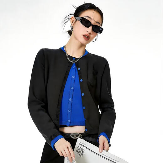 ICH MODE American retro fake two-piece knitted cardigan women's autumn and winter sweater jacket bottoming shirt long-sleeved top dark gray M