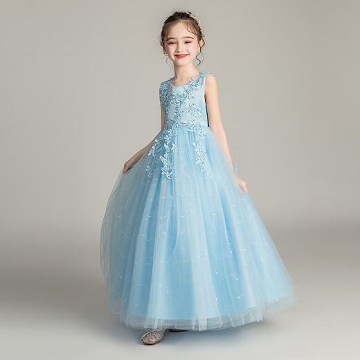 Dev Ake Kinderkleid Girl Prinzessin Rock Moderatorin High-End Piano Performance Evening Kleid Little Girl Hochzeit Sommer Big Boy BX683 Langhändler Blau 150 (vorgeschlagen 61-70jin [Jin ist gleich 0,5 kg])