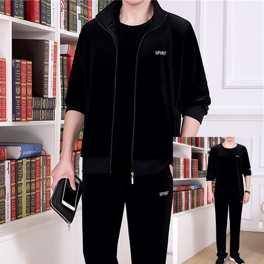 Woodpecker's new middle-aged cardigan sportswear Spring and Autumn Gold Velvet Men's Large Size Three-Piece Set Winter Warm Gold Minky Velvet Casual Set Blue 6187 Spring and Autumn Spring and Autumn Style Long Sleeves XL [Suggested 125-145Jin [Jin equals 0.5 kg]]
