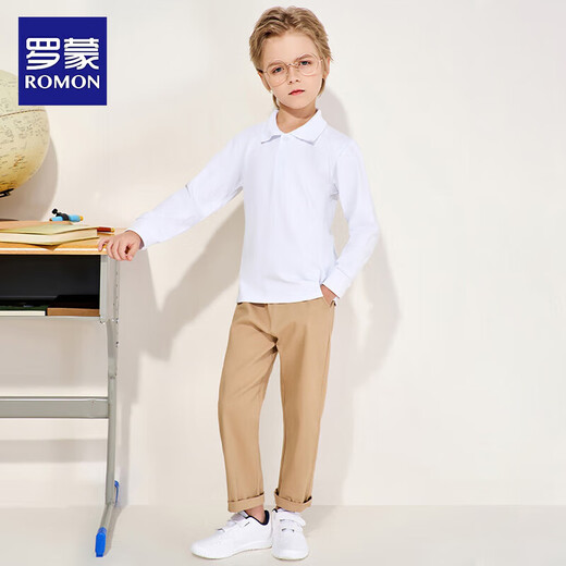 Luo Meng children's velvet polo shirt for boys and girls white T-shirt winter long-sleeved campus wear white velvet 160