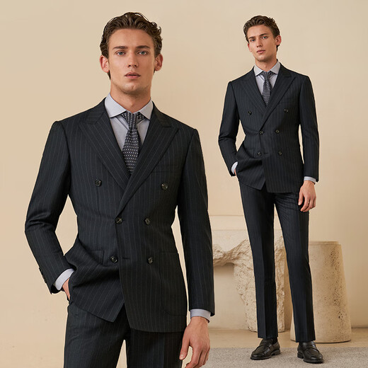 Guillaume de Mons Aojia pure wool double-breasted suit suit men's slim business formal attire professional groom wedding suit complete set for men navy striped top + trousers 185 48