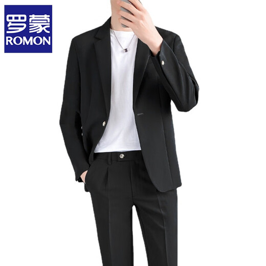 ROMON Korean style casual suit men's youth business autumn and winter handsome groom wedding small suit jacket single suit men black three-piece suit suit + pants + T-shirt XL