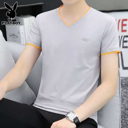 花花公子（PLAYBOY）短袖t恤男2025夏季新款潮流休闲百搭宽松v领上衣服男士纯色男装 691黑色 XL 推荐【126-140斤】