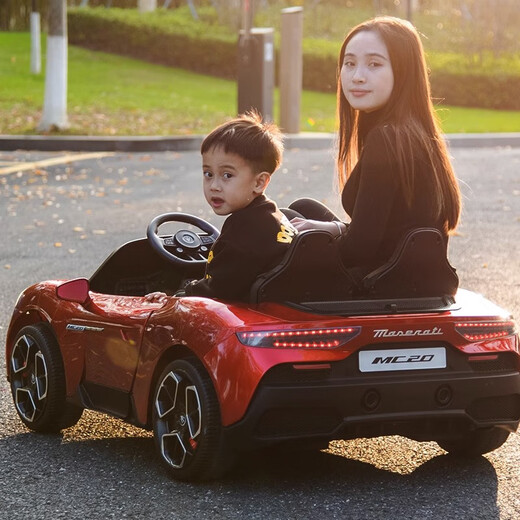 Cool Sun Maserati authorized two-seater electric remote control toy car for babies and children, four-wheeled swing sports car for adults and children, 24V roasted red + light sound motor + soft wheel leather seat remote control