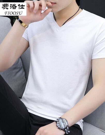 Phelos summer men's short-sleeved T-shirt solid color cotton thread slim-fit trendy V-neck white half-sleeved top summer ice silk t-shirt white L (105-120Jin[Jin equals 0.5 kg])