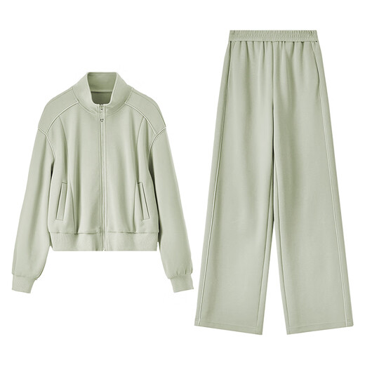 Shandubila Comfortable Casual Contrast Color Stand Collar Sweatshirt Spring and Autumn Short Straight Pants Knitted Cotton Suit Elm Green L